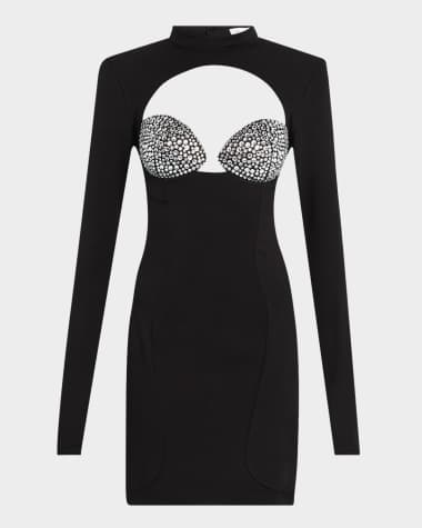 AREA Crystal Bustier Cutout Long-Sleeve Mini Dress