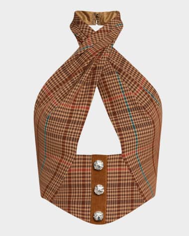AREA Crystal-Button Check Crop Halter Top