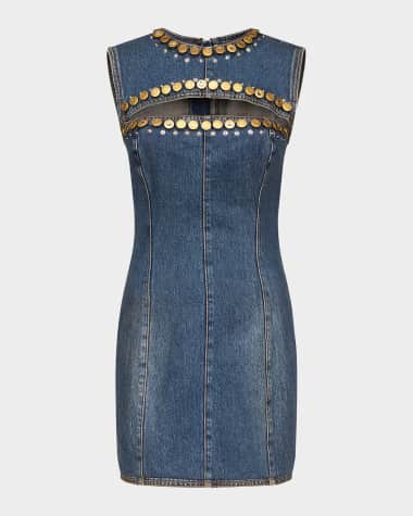 AREA Crystal Button Studded Slit Denim Mini Dress