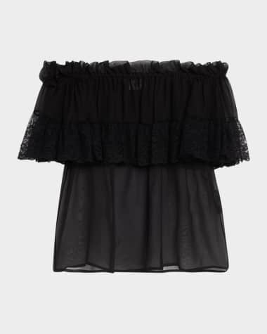 Saint Laurent Lace Ruffle Off-The-Shoulder Silk Blouse