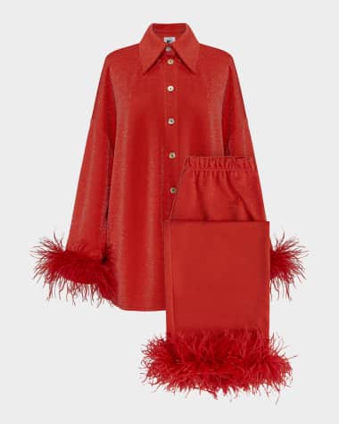 Sleeper Cosmos Cropped Feather-Trim Metallic Pajama Set
