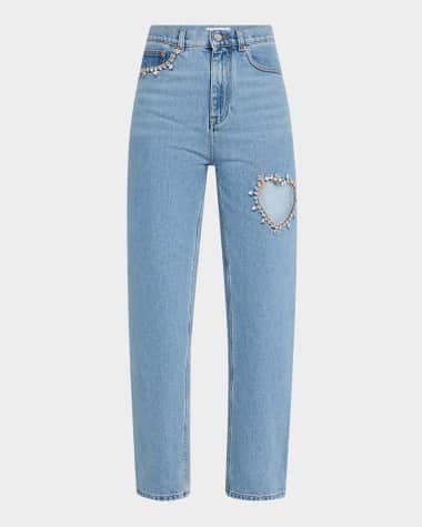 AREA Crystal Heart Cutout Straight-Leg Ankle Jeans