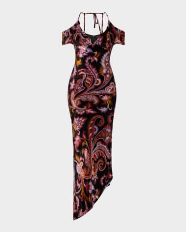Etro Paisley Velvet Off-The-Shoulder Asymmetric Dress