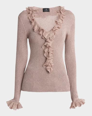 Etro Metallic Rib Ruffle V-Neck Sweater