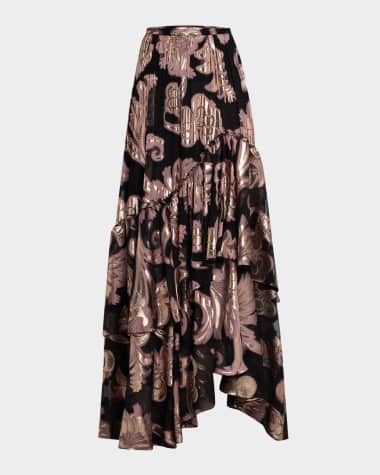 Etro Metallic Floral Tiered Ruffle Maxi Skirt