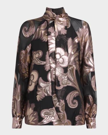 Etro Metallic Jacquard Neck-Tie Blouse