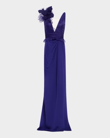 Marchesa Draped Flower Ruffle Matte Crepe & Organza Gown