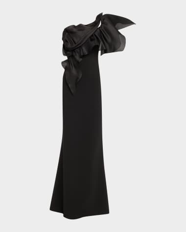 Marchesa One-Shoulder Ruffle Stretch Crepe Gown