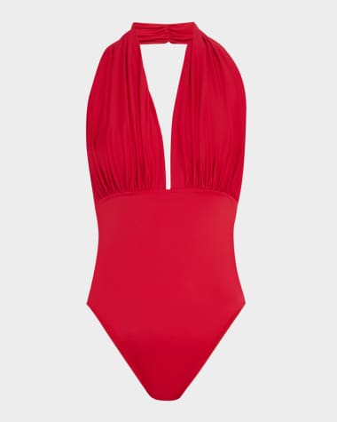 Norma Kamali Halter Low-Back Solid One-Piece Swimsuit