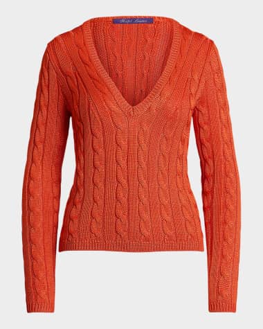 Ralph Lauren Collection Cable-Knit Silk V-Neck Sweater
