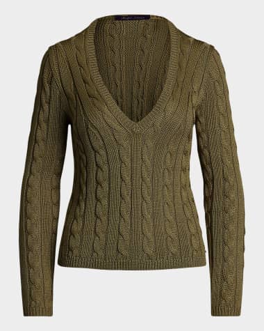 Ralph Lauren Collection Cable-Knit Silk V-Neck Sweater