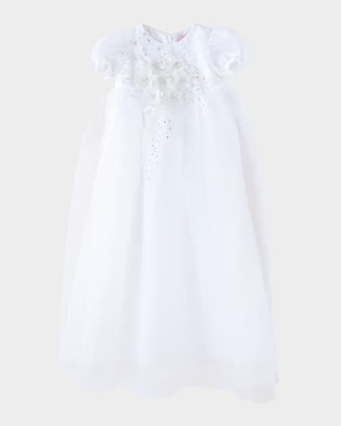 White Label by Zoe Girl's Belle Floral Applique Organza Christening Gown, Size 0-12M