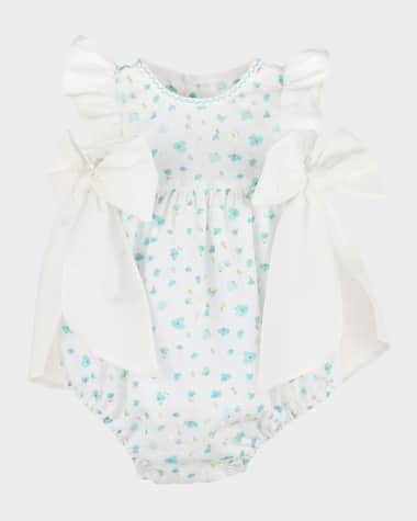 Luli & Me Azure Bubble Romper W/ Bows, Size 6M-24M