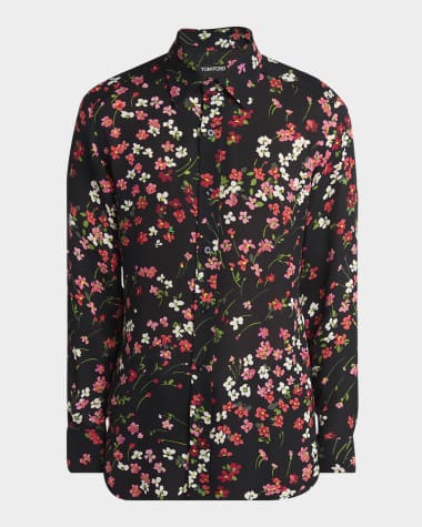 TOM FORD Men's Double Georgette Floral Slim-Fit Silk Dress Shirt