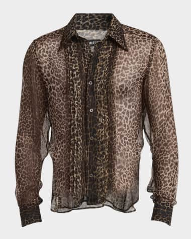 TOM FORD Men's Leopard-Print Silk Chiffon Pleated Dress Shirt