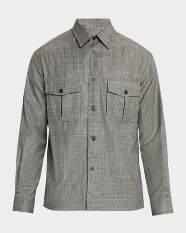 dunhill Men's Wool Check Overshirt with Suede Trim