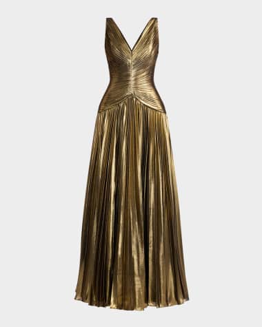 Zac Posen Sleeveless Pleated Metallic Chiffon Gown