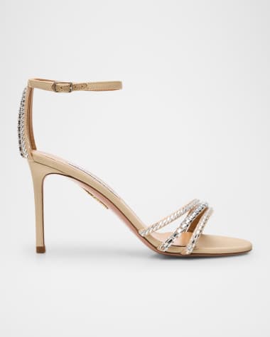 Aquazzura Milagros Crystal Suede Grosgrain Ankle-Strap Sandals