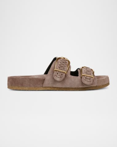 Veronica Beard Paige Woven Suede Dual-Buckle Slide Sandals