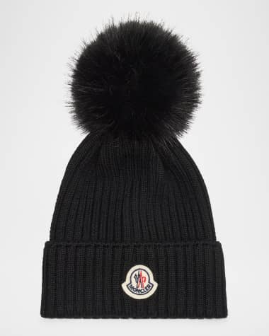 Moncler Ribbed Wool Beanie W/ Faux Fur Pom, Size S-L