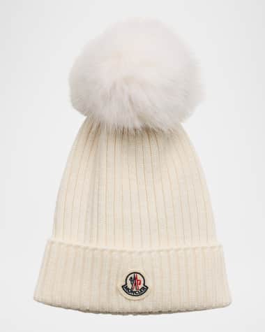 Moncler Ribbed Wool Beanie W/ Faux Fur Pom, Size S-L