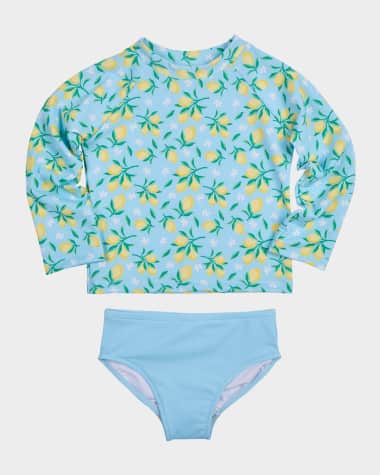 Florence Eiseman Girl's Lemon-Print Rashguard Two-Piece Swimsuit, Size 2-6