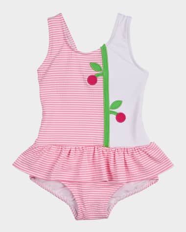 Florence Eiseman Girl's Cherry Skirted Seersucker One-Piece Swimsuit, Size 12M-24M
