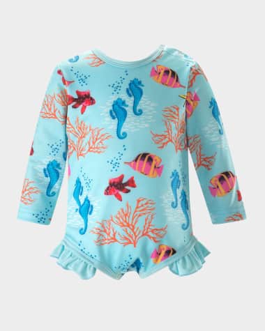 Rachel Riley Girl's Coral Reef Frill Rashguard One-Piece Swimsuit, Size 6M-24M