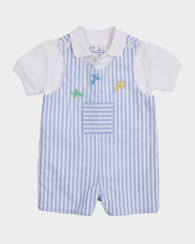 Florence Eiseman Boy's Striped Cotton Airplane Shortall and Polo Shirt Set, Size 3M-24M