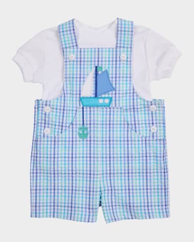 Florence Eiseman Boy's Sailboat Plaid Shortalls & T-Shirt Set, Size 3M-24M