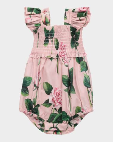 Dolce&Gabbana Girl's Rose-Print Smocked Bubble Romper, Size 3M-12M