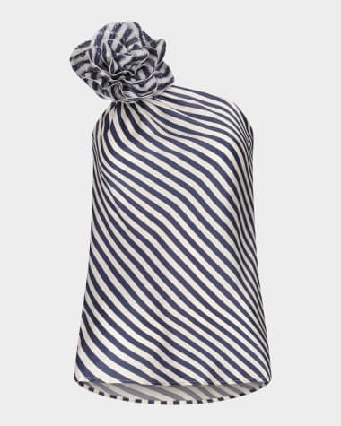 Silvia Tcherassi Sebastiana Sequined Flower Striped One-Shoulder Blouse