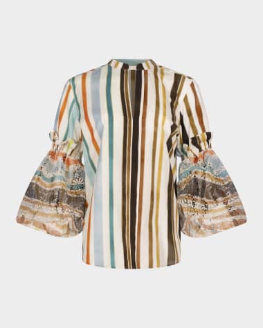Silvia Tcherassi Nuru Striped Eyelet Puff-Sleeve Blouse