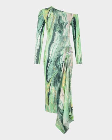 Silvia Tcherassi Tahia Off-The-Shoulder Long-Sleeve Draped Midi Dress