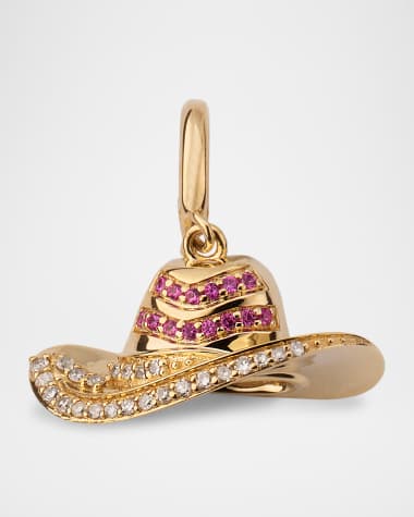 Kastel Jewelry 14K Yellow Gold Rodeo Hat Pave Diamond and Pink Sapphire Pendant