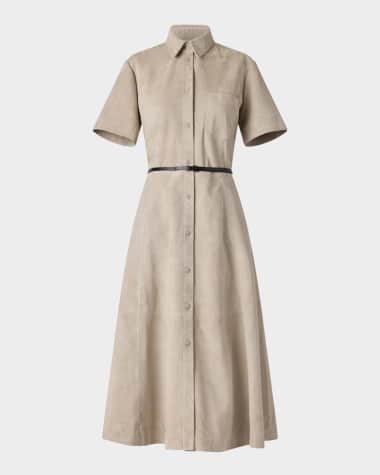 Altuzarra Kiera Suede Fit-Flare Belted Midi Dress