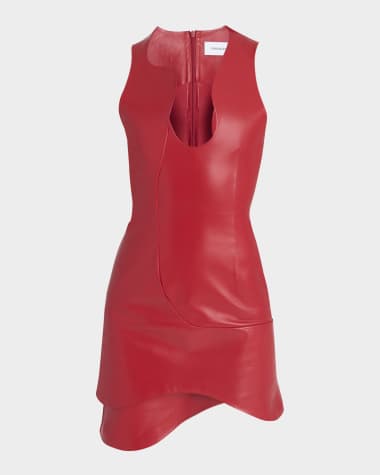 Ferragamo Plunge Sleeveless Leather Mini Dress