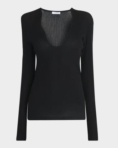 Ferragamo Wavy Scoop-Neck Long-Sleeve Top