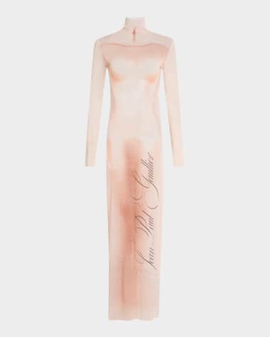 Jean Paul Gaultier Le Classique Print Turtleneck Mesh Maxi Dress
