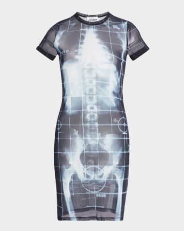 Jean Paul Gaultier Squeletor X-Ray Printed Mesh Short-Sleeve Mini Dress