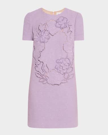 Oscar de la Renta Short-Sleeve Floral Embroidered Tweed Mini Dress