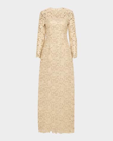 Oscar de la Renta Crystal Rose Guipure Long-Sleeve Gown