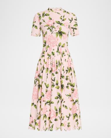 Oscar de la Renta English Roses Poplin Short-Sleeve Pleated Dress