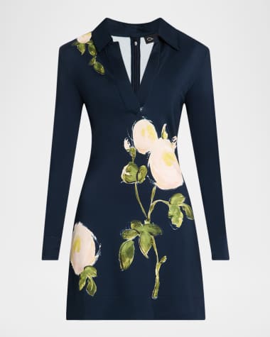 Oscar de la Renta Long-Sleeve Painted White Roses Milano Jersey Mini Dress