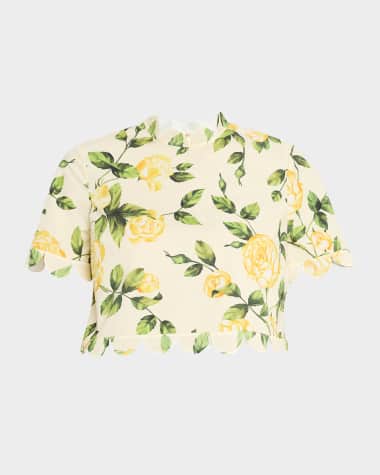 Oscar de la Renta English Roses Scalloped Crop Poplin Blouse