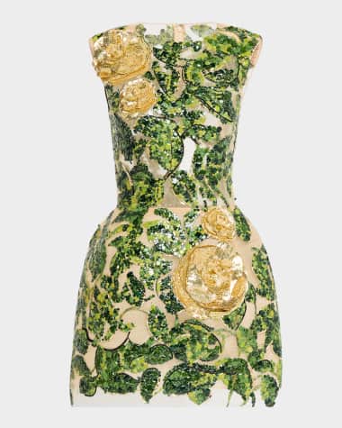 Oscar de la Renta English Roses And Leaves Sequin Sleeveless Mini Dress