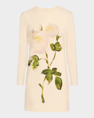 Oscar de la Renta Long-Sleeve Painted Roses Wool Mini Dress