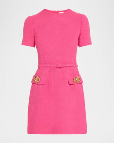 Oscar de la Renta Short-Sleeve Rose-Button Tweed Mini Day Dress With Belt