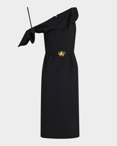 Oscar de la Renta Draped Off-The-Shoulder Belted Wool Dress