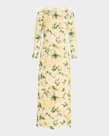 Oscar de la Renta Long-Sleeve Printed Garden Rose Guipure Maxi Dress